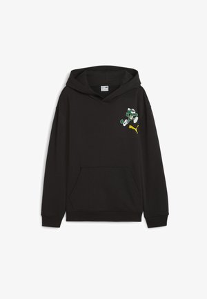 Sort hættetrøje med frontlomme, der har en lille grøn tegneseriefigur og en gul Puma-logo på den øverste venstre bryst.