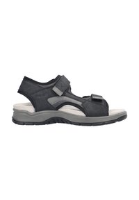 Black sandal featuring a textured upper with adjustable straps, a cushioned footbed, and a rubber outsole for grip.