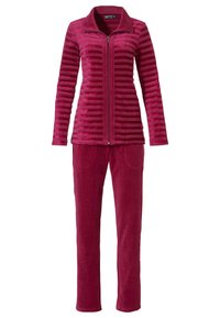 Fleece loungewear set in deep pink, featuring a striped zip-up jacket with a collar and matching straight-leg pants with side pockets.