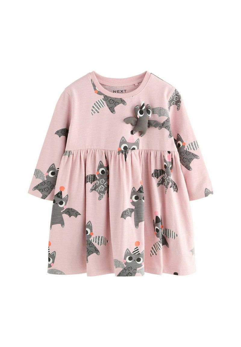 Robe rose pour tout-petit à manches longues, décorée de chauves-souris grises en dessin animé et d'une petite figurine de chauve-souris en 3D sur la poitrine.