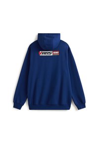 Marineblauwe hoodie met een capuchon, voorzien van een groot wit en rood "VANS 66" logo en een damborddetail op de achterkant. Zachte stoftextuur.