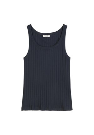 Navy blue ribbed tank top with a round neckline and wide shoulder straps; features a soft fabric texture and subtle vertical lines.
