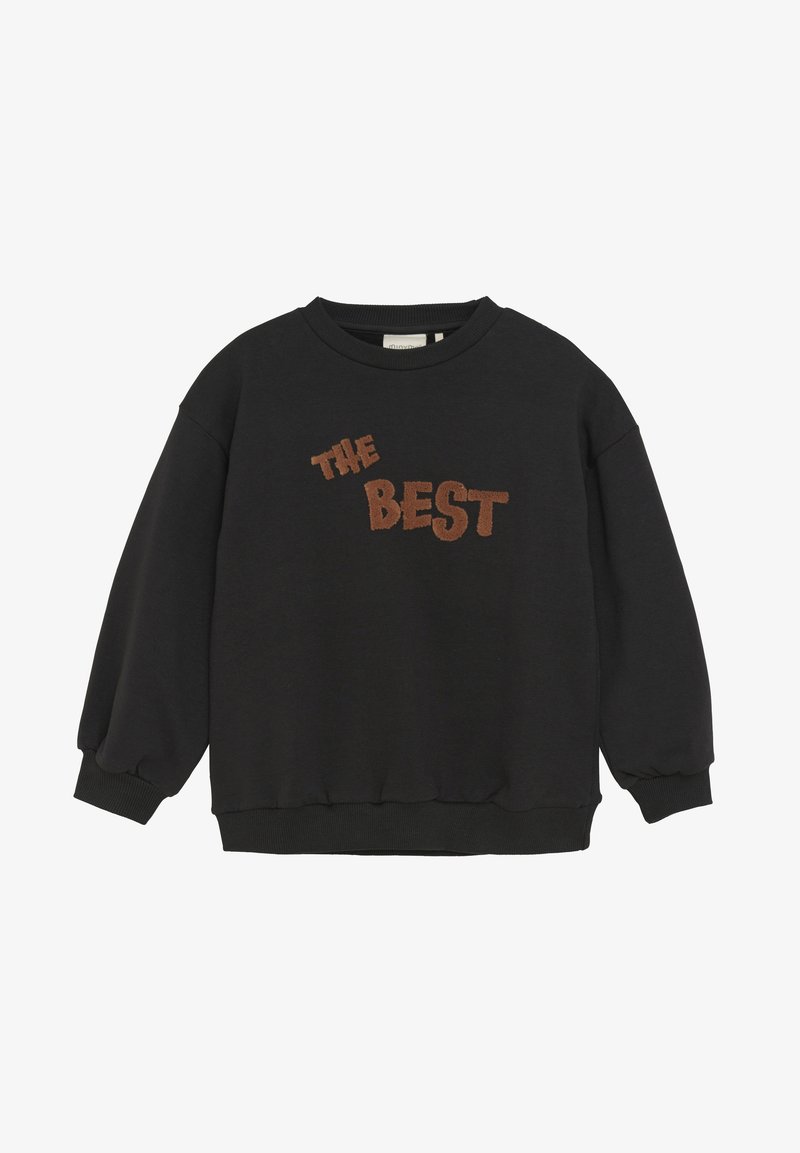 Sort sweatshirt med oversized pasform, rund hals og ribbede ærmer. Har "THE BEST" broderet i brun over fronten.