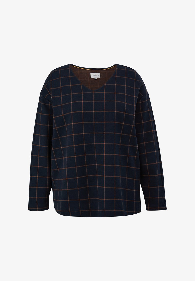 Chemise à manches longues bleu marine avec motif à carreaux marron en damier et col en V, coupe ample.