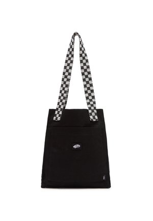 Sort tote-taske med forlomme, Vans logo patch og lange sort-hvide ternede håndtag.