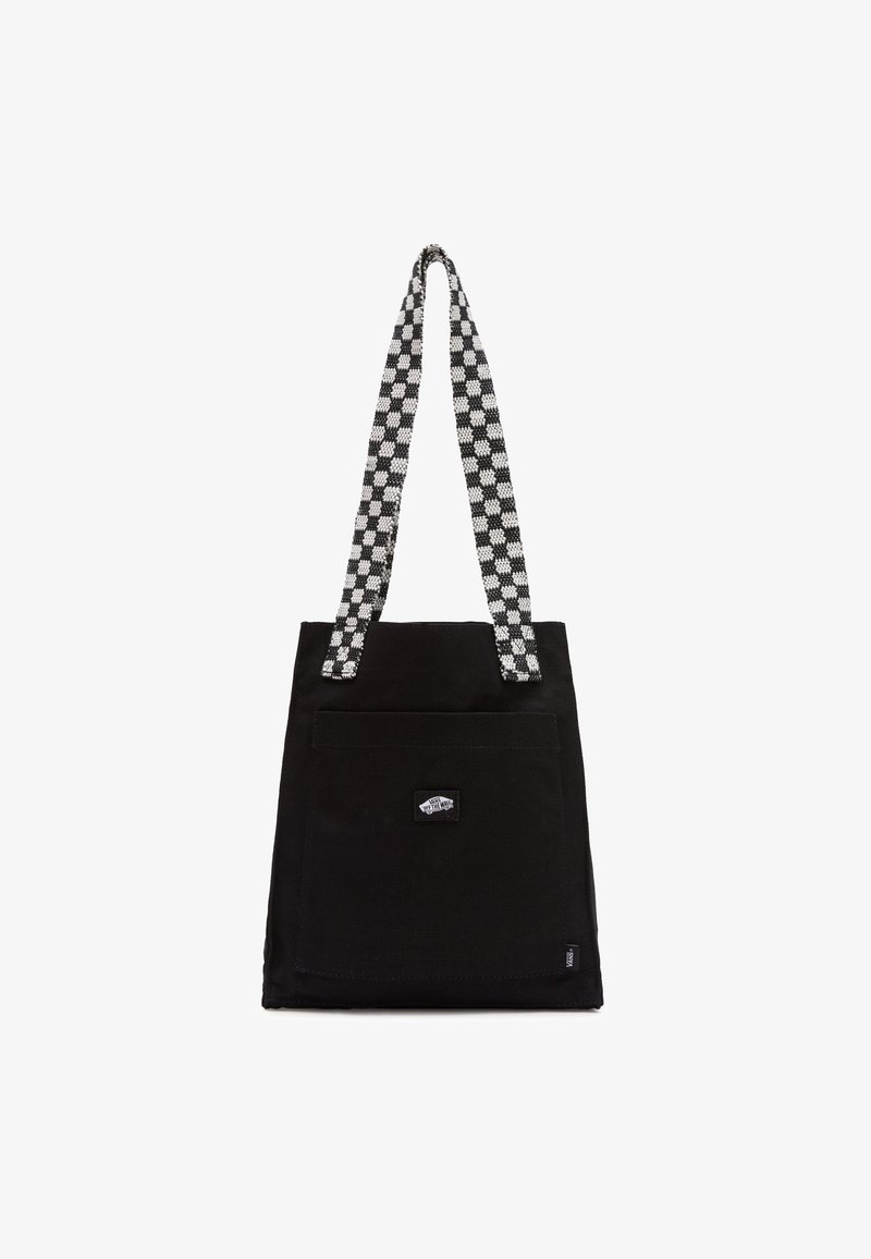 Sac tote noir avec poche avant, écusson logo Vans et longues anses à carreaux noir et blanc.