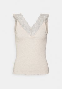 Débardeur beige avec un col en V et une finition en dentelle au niveau du col. Présente une coupe ajustée et un ourlet festonné, fabriqué dans un tissu doux et texturé.