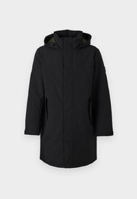 Zwarte waterdichte parka met een capuchon. Beschikt over een rechte snit, zijzakken en een gladde textuur. Minimalistisch ontwerp zonder zichtbare patronen.
