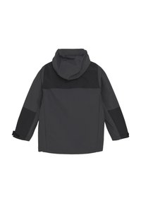 Grå vattentät jacka med huva, med svarta detaljer på axlar och ärmar, samt justerbara manschetter. Enkel, funktionell design.