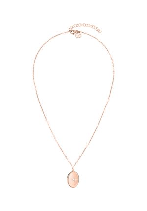 Halskette aus Roségold mit einem ovalen Anhänger, der ein zentrales Sterne-Design und eine zarte Kette aufweist. Verstellbare Länge mit einem Verschluss.