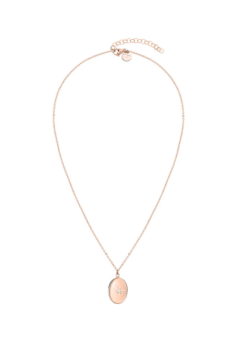 Roze gouden ketting met een ovale hanger, voorzien van een centraal sterontwerp en een delicaat kettinkje. Instelbare lengte met een sluiting.