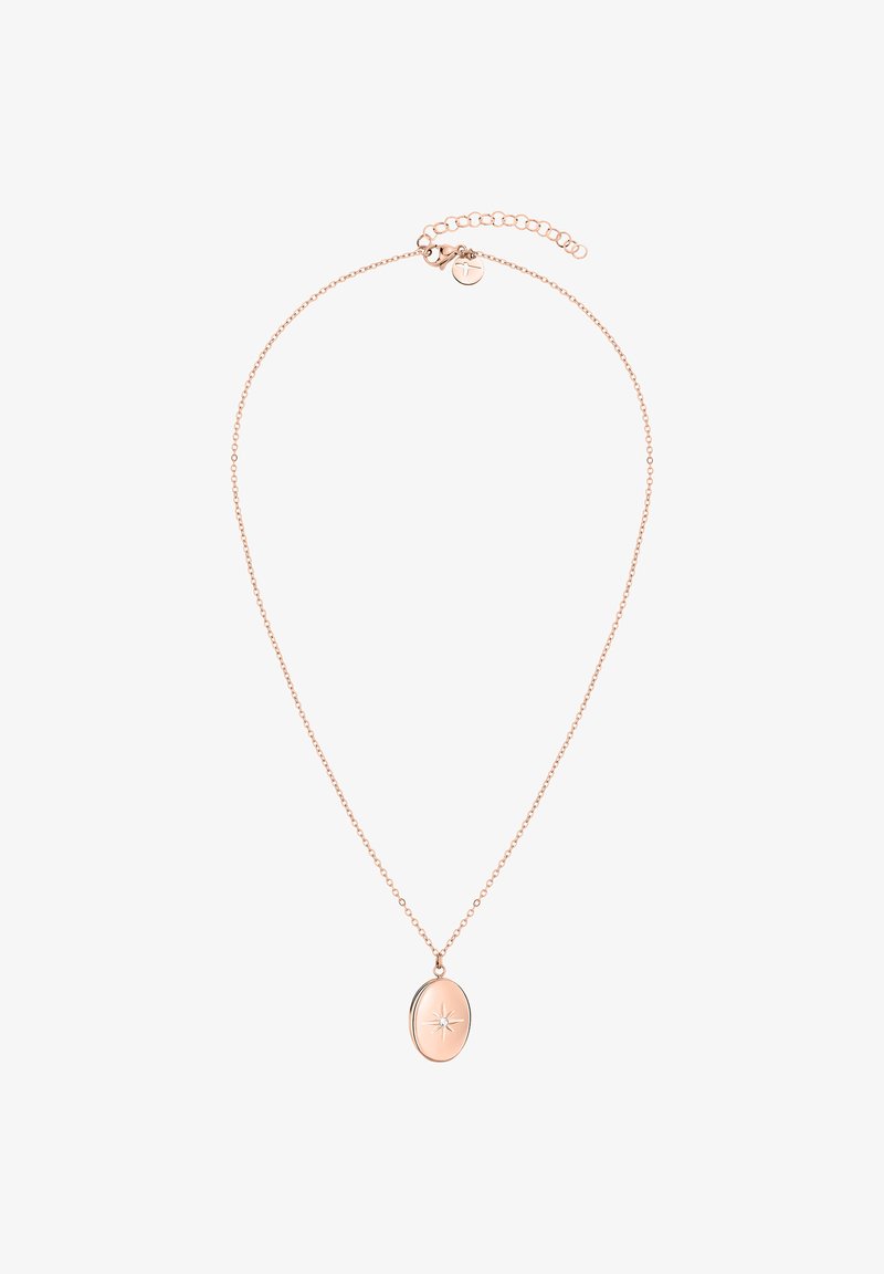 Rose gold halskæde med en oval vedhæng, der har et centralt stjernedesign og en delikat kæde. Justerbar længde med en spænde.