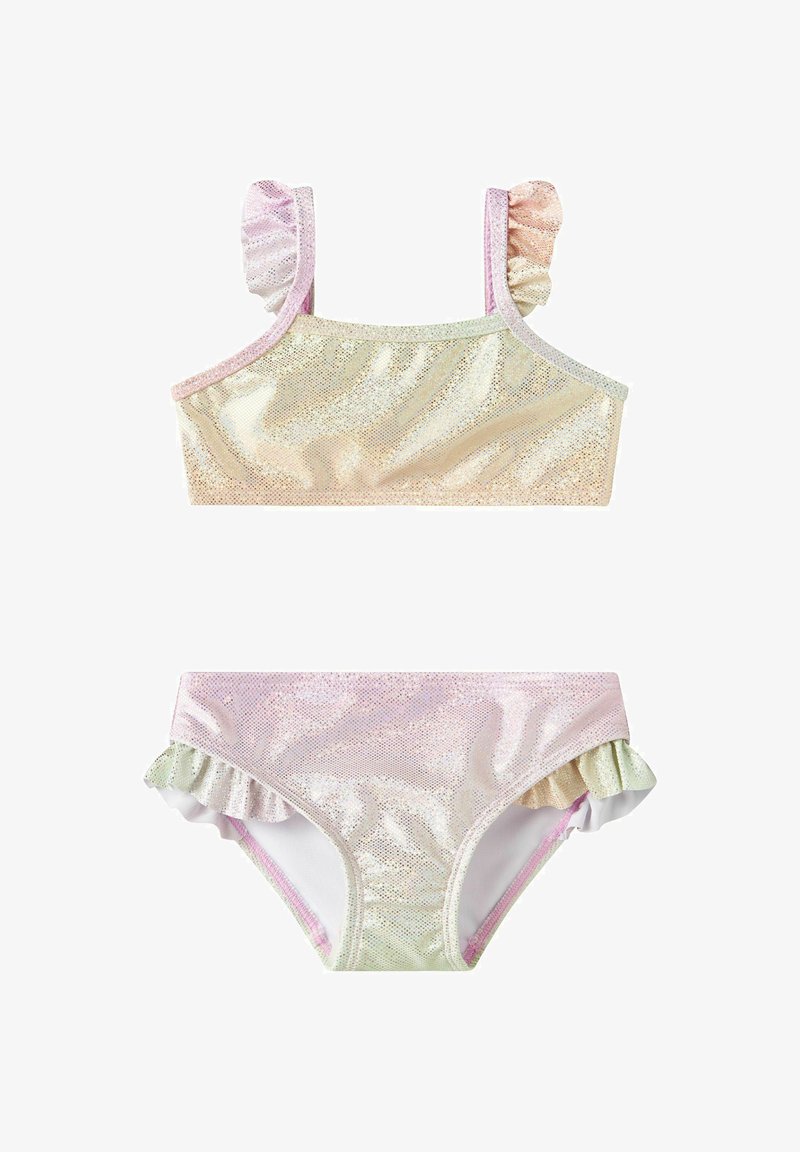 Maillot de bain deux-pièces pour filles avec tissu irisé, bretelles à volants sur le haut et côtés à volants sur le bas.