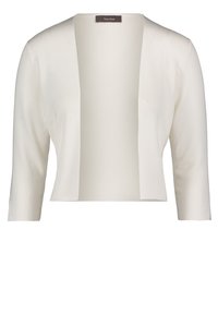 Vit, ribbad cardigan med en kort, öppen framsida och trekvartsärmar. Tillverkad av mjukt, lätt material.