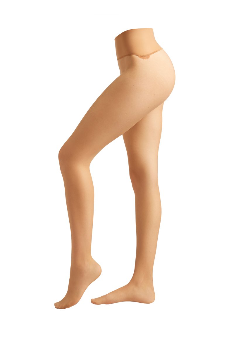 Beige transparente Strumpfhosen mit glatter Textur, hohem Taillendesign und nahtlosem Zehenbereich; leicht und figurbetont für Komfort und Stil.