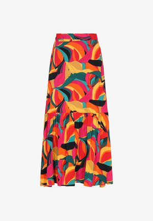Šarena, slojevita midi suknja s vibrantnim apstraktnim uzorkom u jakim ružičastim, narančastim, zelenim i crnim akcentima; izrađena od lagane tkanine.