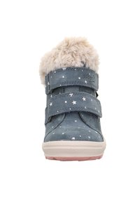 Blaue Wildlederstiefel mit weißen Sternmustern, einem Kragen aus Kunstfell und zwei verstellbaren Klettverschlüssen. Weiße Gummisohle mit pinken Akzenten.