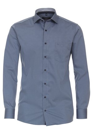 Blaues Langarmhemd aus glattem Stoff, mit Kragen, sieben schwarzen Knöpfen, einer Brusttasche und einem dezenten strukturierten Innenkragen.