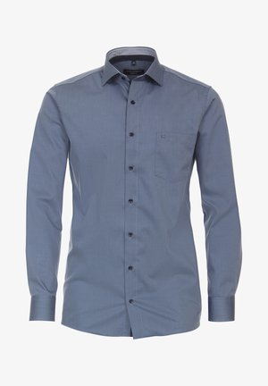 Blaues Langarmhemd aus glattem Stoff, mit Kragen, sieben schwarzen Knöpfen, einer Brusttasche und einem dezenten strukturierten Innenkragen.