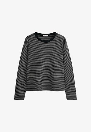 Maglia a maniche lunghe a righe orizzontali bianco e nero con scollo rotondo nero, mostrata su sfondo bianco.