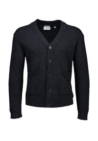 Tummanharmaa neuletakki, jossa V-kaula-aukko, kuusi nappia, resorireunaiset hihansuut ja kaksi etutaskua teksturoidulla neulepinnalla.