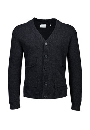 Mørkegrå cardigan med V-udskæring, seks knapper, ribbede manchetter og to frontlommer med en tekstureret strikkefinish.