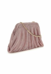 Borsa da sera in rete metallizzata rosa con texture arricciata; presenta una tracolla in oro e una forma strutturata per una chiusura sicura.