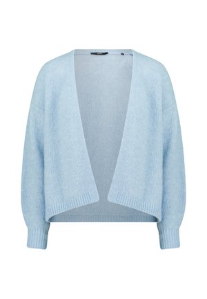 Lichtblauwe gebreide cardigan met een losse pasvorm, open voorkant en geribbelde boorden en zoom, gemaakt van zacht getextureerd materiaal.