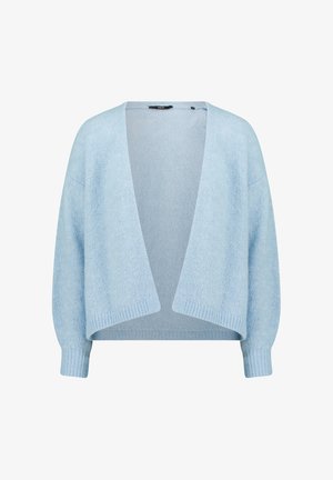 Lichtblauwe gebreide cardigan met een losse pasvorm, open voorkant en geribbelde boorden en zoom, gemaakt van zacht getextureerd materiaal.