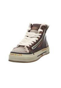 High-top sneakers featuring a brown leather upper, beige textured fabric, white laces, and gold embossed text on the sole. Side zipper detail present.