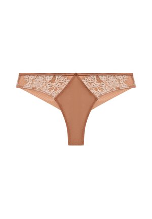 Spitzen- und weichstofflicher Tanga in warmem Braunton mit transparentem Spitzenpaneel an den Seiten und einer kleinen dekorativen Knopfleiste in der Mitte.