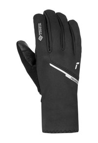 Schwarze Handschuhe aus weichem, dehnbarem Stoff mit einer strukturierten Handfläche für besseren Halt, verfügen über ein einfaches Design und reflektierende Akzente für Sichtbarkeit.
