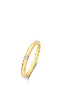 Gold ring with a smooth, rounded band and a single diamond accent set in a prong. Polished finish, simple and elegant design.