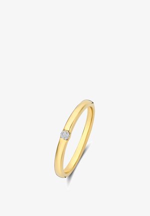 Gouden ring met een gladde, ronde band en een enkele diamanten accent gezet in een klauw. Gepolijste afwerking, eenvoudig en elegant ontwerp.