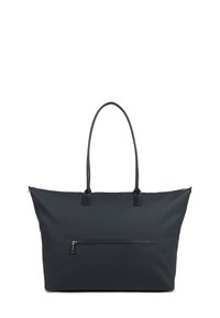 Borsa a spalla blu navy realizzata in tessuto liscio con manici in pelle doppi e una tasca frontale con zip. Presenta una silhouette strutturata e ampia.