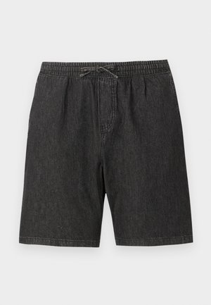 Black denim shorts with an elastic waistband and adjustable drawstring. Features side pockets and a loose, relaxed fit.