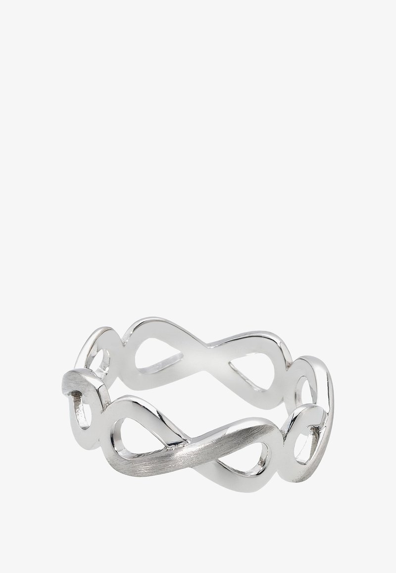 Silberner Ring in Form eines Unendlichkeitssymbols mit verschlungenem Design, polierter Oberfläche und glatter Textur, mit offenen Schlaufen über den gesamten Ring hinweg.