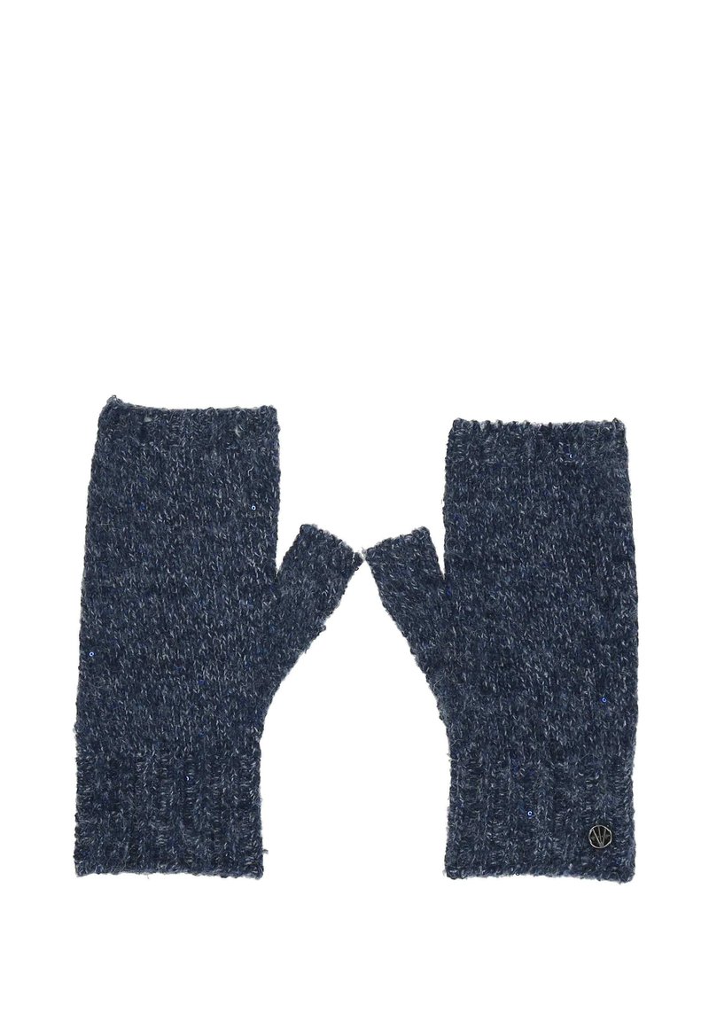 Pletene brezprsto rokavice v temno modri barvi, z teksturiranim zaključkom, rebrastimi manšetami in manjšim logotipom na eni strani.