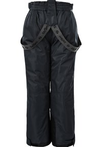 Pantalon noir imperméable avec taille élastique et bretelles réglables. Comprend des côtés renforcés et des fermetures éclair aux chevilles pour un enfilage facile.