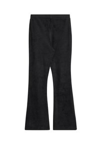 Schwarze, ausgestellte Hose aus weichem, strukturiertem Stoff mit einem glatten Bund und ohne sichtbare Muster oder Beschläge.