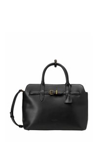 Schwarze Lederhandtasche mit glatter Textur, strukturiertem Design, doppelten Griffen, abnehmbarem Schulterriemen und goldenen Hardware-Elementen. Schlichtes Design.