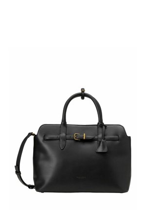Schwarze Lederhandtasche mit glatter Textur, strukturiertem Design, doppelten Griffen, abnehmbarem Schulterriemen und goldenen Hardware-Elementen. Schlichtes Design.