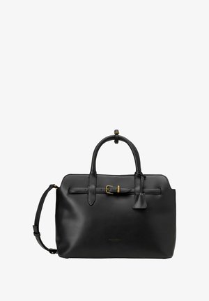 Black leather handbag with smooth texture, structured shape, dual handles, detachable strap, and gold hardware accents. Simple design.