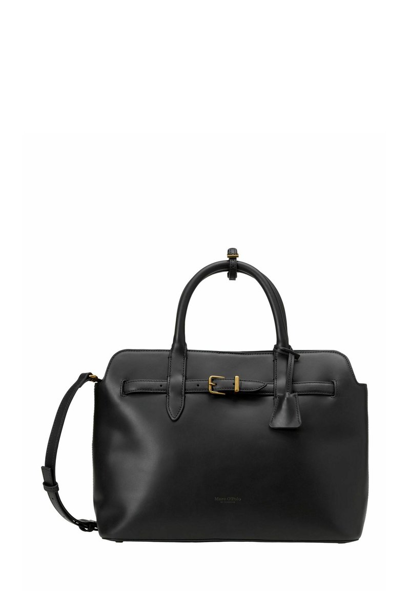 Schwarze Lederhandtasche mit glatter Textur, strukturiertem Design, doppelten Griffen, abnehmbarem Schulterriemen und goldenen Hardware-Elementen. Schlichtes Design.