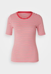 Rot-weißer gestreifter T-Shirt mit kurzen Ärmeln und Rundhalsausschnitt, verfügt über eine figurbetonte Passform und einen weichen Stoff.