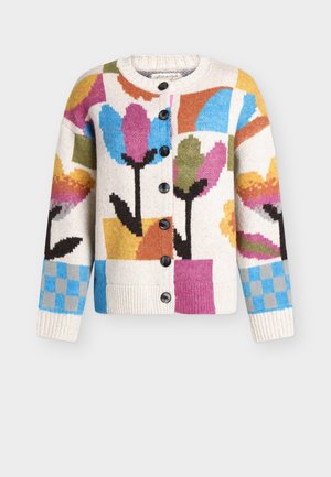 Pogasveida kardigans ar daudzkrāsainiem abstraktiem ziedu rakstiem un rūtainiem zilajiem akcentiem uz krēmkrāsas fona.