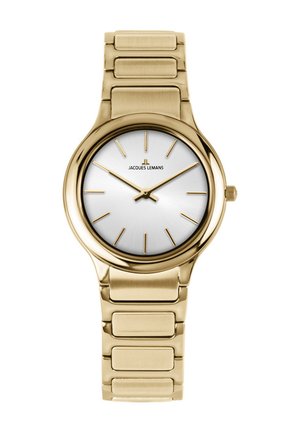 Goldene Metall-Armbanduhr mit weißem Zifferblatt, goldfarbenen Stundenmarkierungen und Zeigern, Marke Jacques Lemans bei 12 Uhr.