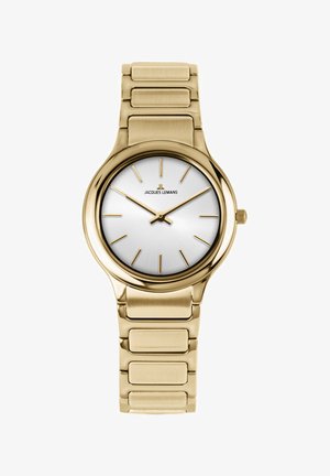Goldene Metall-Armbanduhr mit weißem Zifferblatt, goldfarbenen Stundenmarkierungen und Zeigern, Marke Jacques Lemans bei 12 Uhr.