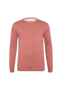 Rot-orange gestrickter Pullover mit langen Ärmeln, Rundhalskragen und einem kleinen Logodetail auf der Brust. Weicher Stoff mit klassischer Passform.