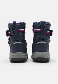 Navy blue waterproof boots with fuzzy lining, adjustable straps, and contrasting pink and blue accents. Textured gray soles for grip.